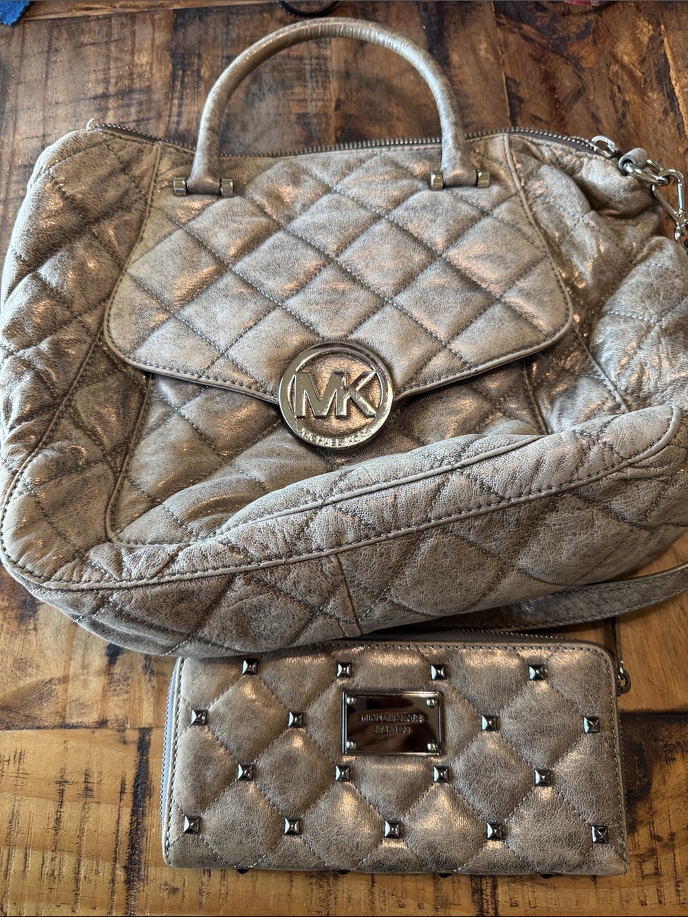 Michael Kors Quilted Metallic Pewter Satchel and Wallet Set